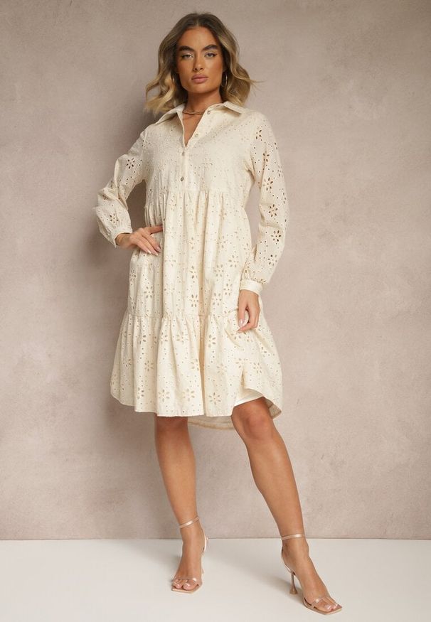 Renee - Beżowa Haftowana Sukienka z Bawełny Folisse. Kolor: beżowy. Materiał: bawełna. Wzór: haft. Styl: elegancki