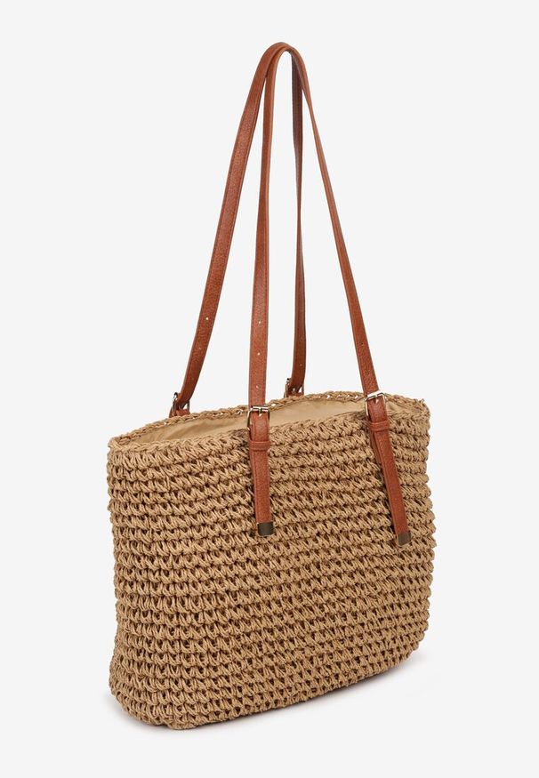 Renee - Ciemnobeżowa Duża Pleciona Torebka Wykończona Rączkami z Imitacji Skóry Carpinea. Kolor: beżowy. Sezon: lato. Materiał: skórzane. Styl: boho, elegancki, casual