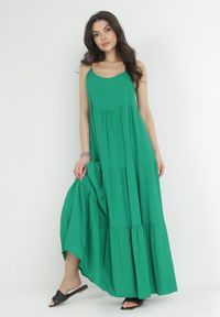 Born2be - Zielona Sukienka z Wiskozy na Ramiączkach z Falbanką Graesa. Kolor: zielony. Materiał: wiskoza. Długość rękawa: na ramiączkach. Styl: wakacyjny #2