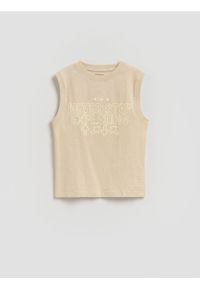 Reserved - Bawełniany t-shirt bez rękawów - beżowy. Kolor: beżowy. Materiał: bawełna. Długość rękawa: bez rękawów