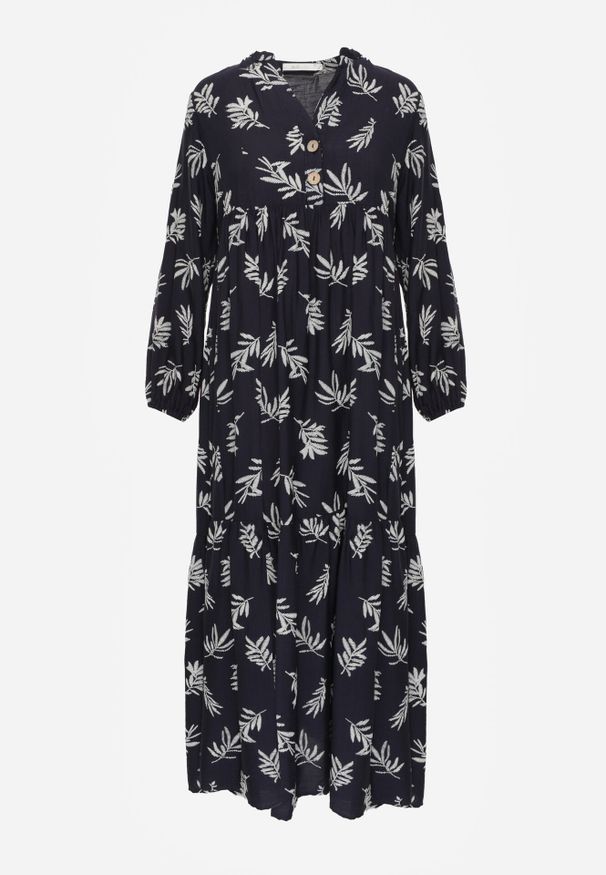 Born2be - Niebieska Rozkloszowana Sukienka z Wiskozy z Dekoltem na Guziki Watesa. Okazja: na co dzień. Kolor: niebieski. Materiał: wiskoza. Typ sukienki: proste, rozkloszowane. Styl: boho, casual