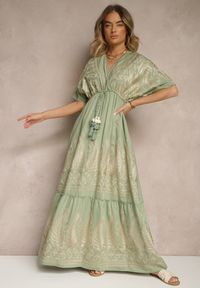Renee - Zielona Wiskozowa Sukienka Boho o Kopertowym Kroju z Metalicznym Haftem Redeselle. Okazja: na co dzień. Typ kołnierza: dekolt w serek. Kolor: zielony. Materiał: wiskoza. Wzór: haft. Typ sukienki: kopertowe. Styl: boho #3