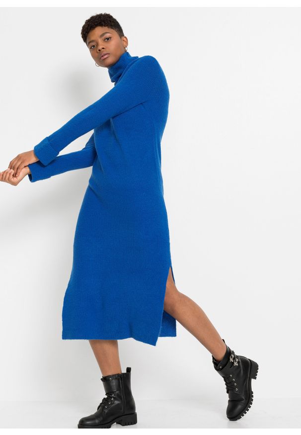 bonprix - Sukienka dzianinowa z golfem. Typ kołnierza: golf. Kolor: niebieski. Materiał: dzianina
