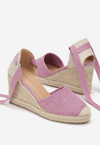 Renee - Fioletowe Wiązane Sandały Espadryle na Wysokim Koturnie z Plecionką Perselia. Kolor: fioletowy. Wzór: aplikacja. Obcas: na koturnie. Styl: boho #4