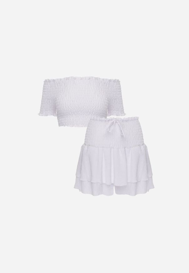 Renee - Biały Komplet Top Hiszpanka i Spódnico-Spodenki z Falbanami oraz Gumką Rinaria. Kolor: biały. Materiał: jeans