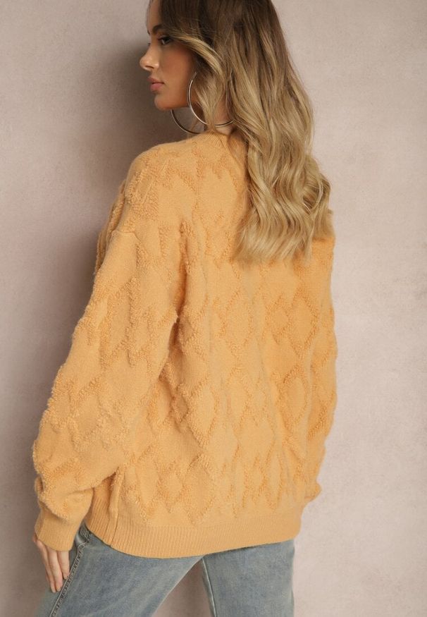 Renee - Żółty Luźny Sweter o Pudełkowym Kroju i Tłoczonym Splocie ze Ściągaczami Elomara. Okazja: na co dzień. Kolor: żółty. Materiał: jeans. Wzór: ze splotem. Styl: elegancki, casual