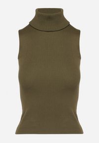 Born2be - Zielona Khaki Bluzka z Golfem bez Rękawów z Elastycznego Materiału Heliordia. Typ kołnierza: golf. Kolor: zielony. Materiał: materiał. Długość rękawa: bez rękawów. Styl: elegancki #6