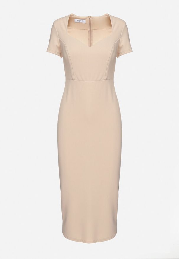 Born2be - Beżowa Taliowana Koktajlowa Sukienka z Wiskozą i Rozcięciem z Tyłu Castorea. Okazja: na co dzień. Kolor: beżowy. Materiał: wiskoza. Długość rękawa: krótki rękaw. Styl: wizytowy