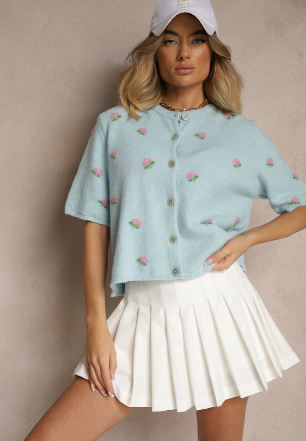 Renee - Niebieski Wzorzysty Sweter Kardigan z Krótkim Rękawem z Dodatkiem Wełny Korivelle. Okazja: na co dzień, na spotkanie biznesowe, do pracy. Kolor: niebieski. Materiał: wełna. Długość rękawa: krótki rękaw. Długość: krótkie. Styl: biznesowy, elegancki, casual