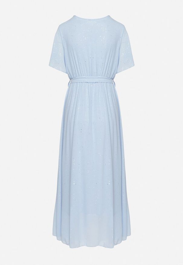 Born2be - Niebieska Brokatowa Sukienka Koktajlowa Ozdobiona Paskiem Ziliane. Okazja: na imprezę. Kolor: niebieski. Wzór: aplikacja. Styl: wizytowy