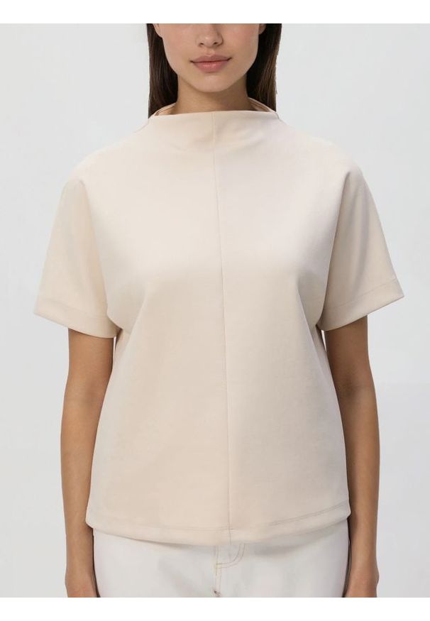 Reserved - Bluzka z krótkim rękawem - beżowy. Kolor: beżowy. Materiał: dzianina, bawełna. Długość rękawa: krótki rękaw. Długość: krótkie