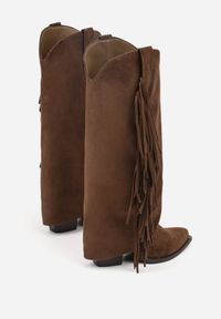 Born2be - Brązowe Kozaki Kowbojki na Obcasie z Wywiniętą Cholewką z Frędzlami Monasatia. Okazja: do pracy. Kolor: brązowy. Materiał: dzianina, jeans. Szerokość cholewki: normalna. Wzór: aplikacja. Obcas: na obcasie. Styl: klasyczny, elegancki. Wysokość obcasa: średni #5