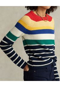 Ralph Lauren - RALPH LAUREN - Sweter w kolorowe paski Straight Fit. Typ kołnierza: polo. Kolor: czerwony. Materiał: bawełna. Długość rękawa: długi rękaw. Długość: długie. Wzór: paski, kolorowy #5