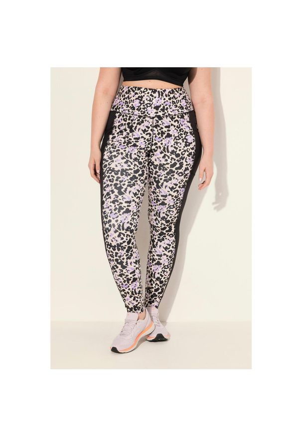 ULLA POPKEN - Damskie Legginsy sportowe szybkoschnące wzór w panterkę z recyklingu. Kolekcja: plus size. Kolor: czarny. Materiał: poliester, materiał. Wzór: motyw zwierzęcy