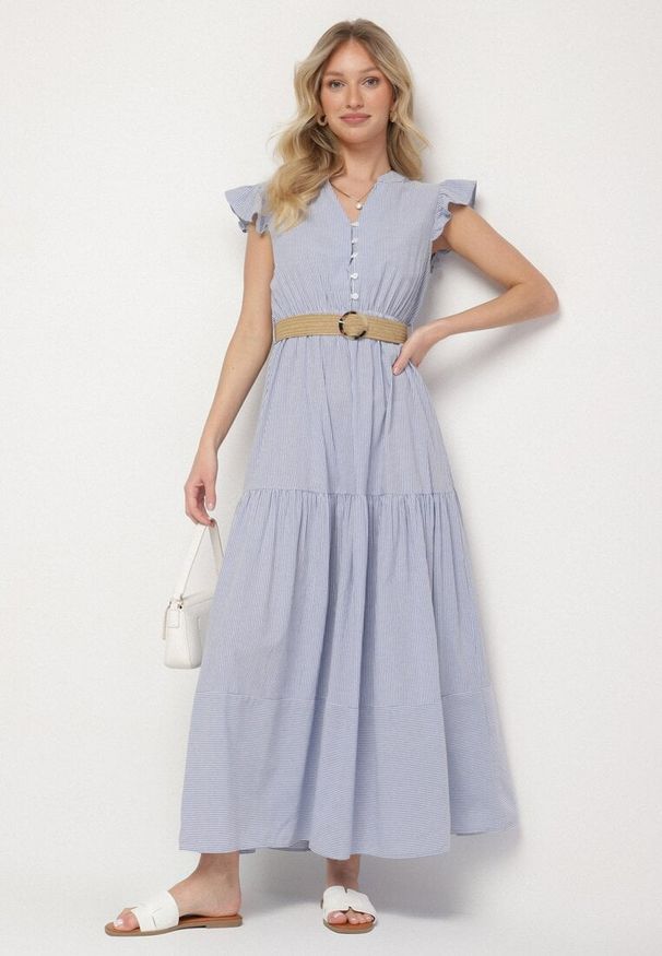 Born2be - Niebieska Bawełniana Sukienka Boho o Rozkloszowanym Kroju z Paskiem z Klamrą Iffalisse. Okazja: na spacer. Kolor: niebieski. Materiał: bawełna. Wzór: aplikacja. Typ sukienki: rozkloszowane. Styl: boho