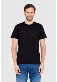 Guess - GUESS T-shirt czarny slim fit. Kolor: czarny. Wzór: haft #1