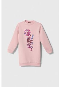Guess sukienka dziecięca kolor różowy mini prosta. Kolor: różowy. Wzór: aplikacja. Typ sukienki: proste. Styl: klasyczny. Długość: mini