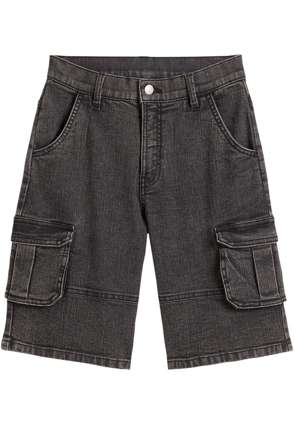 bonprix - Dżinsowe bermudy bojówki o kroju loose fit, z regulowanym paskiem. Kolor: czarny