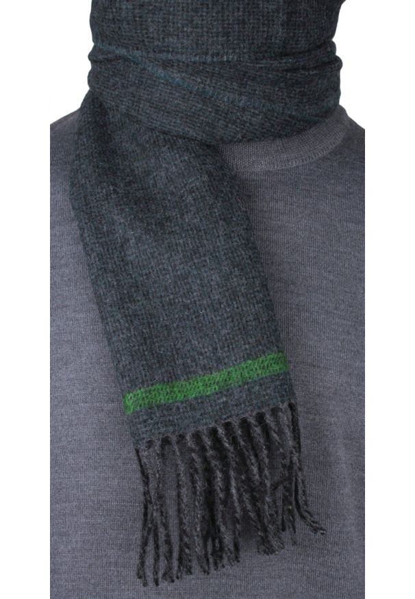 V. Fraas - Szalik Wełniany z Frędzlami, Grafitowy z Zielonym Paskiem, Ciepły, Męski -V. FRAAS. Kolor: szary, wielokolorowy, zielony. Materiał: wełna. Wzór: prążki, paski. Sezon: zima, jesień, lato. Styl: klasyczny, elegancki