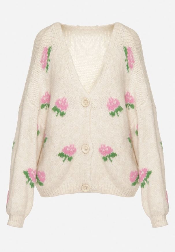 Born2be - Jasnobeżowy Kardigan Oversize z Domieszką Wełny w Kwiatowy Wzór Nelenea. Okazja: na co dzień. Typ kołnierza: dekolt w serek. Kolor: beżowy. Materiał: wełna. Wzór: kwiaty. Styl: casual