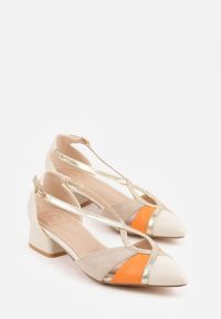 Born2be - Beżowe Czółenka na Obacasie z Wycięciami i Metalicznymi Paskami Prosilis. Okazja: na co dzień. Zapięcie: pasek. Kolor: beżowy. Materiał: koronka. Obcas: na obcasie. Styl: casual, elegancki. Wysokość obcasa: średni #4