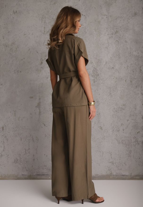 Renee - Zielony Wiskozowy Komplet z Lnem Spodnie Wide Leg i Bluzka o Kroju Marynarki Daprise. Kolor: zielony. Materiał: wiskoza, len