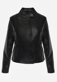 Renee - Czarna Kurtka Ramoneska o Klasycznym Kroju ze Stójką Leaniore. Typ kołnierza: kołnierzyk stójkowy. Kolor: czarny. Materiał: poliester, skóra, jeans. Wzór: aplikacja. Styl: klasyczny #4