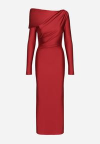 Born2be - Czerwona Dopasowana Sukienka z Rozcięciem i Asymetrycznym Dekoltem Ravielis. Okazja: na imprezę. Kolor: czerwony. Długość rękawa: długi rękaw. Typ sukienki: asymetryczne. Styl: elegancki, klasyczny #5