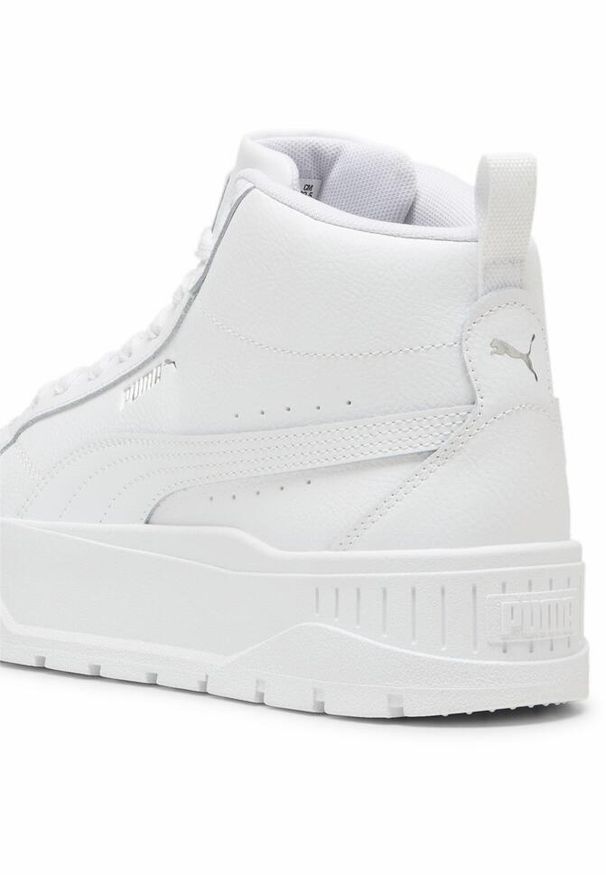 Puma - Damskie sneakersy Karmen II Mid PUMA White Silver Metallic. Kolor: wielokolorowy, szary, biały. Materiał: tkanina, skóra, materiał, syntetyk