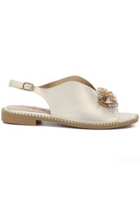 Skórzane sandały damskie płaskie z kryształkami złote S.Barski 61-6004. Kolor: złoty. Materiał: skóra #1