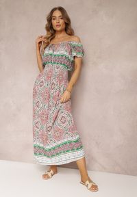 Renee - Zielono-Różowa Sukienka Maxi Hiszpanka z Gumkami w Pasie i Ozdobnym Wiązaniem z Bawełny Giannis. Typ kołnierza: dekolt hiszpanka. Kolor: zielony. Materiał: bawełna. Sezon: lato, wiosna. Długość: maxi #5