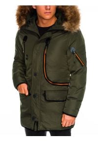 Ombre Clothing - Kurtka męska zimowa parka C369 - khaki - XL. Kolor: brązowy. Materiał: poliester, futro. Sezon: zima #7