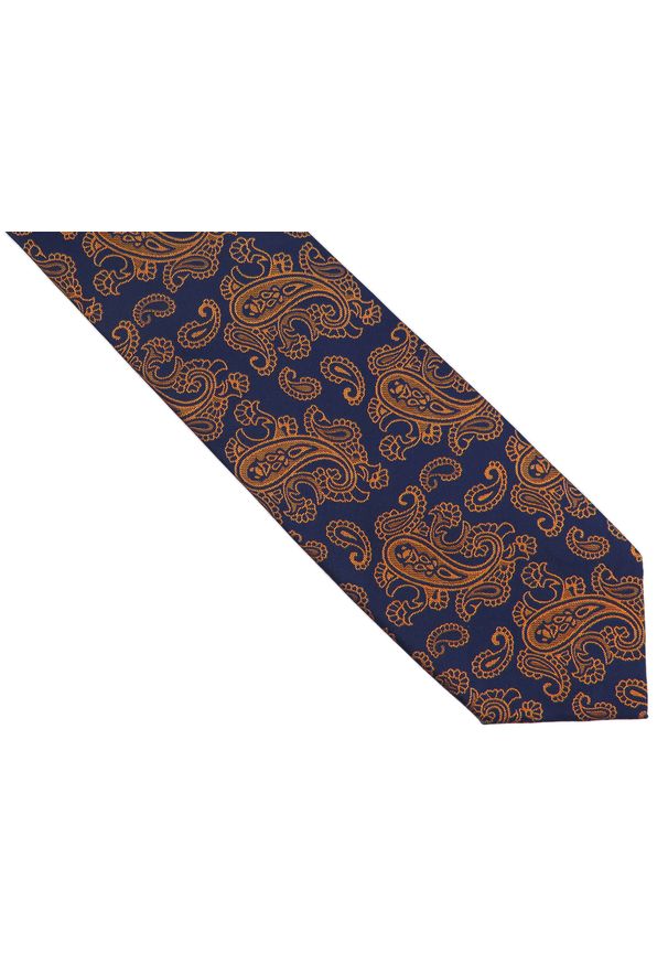 Adam Collection - Granatowy krawat męski w pomarańczowy paisley D254. Kolor: pomarańczowy, niebieski, wielokolorowy. Materiał: tkanina, mikrofibra. Wzór: paisley