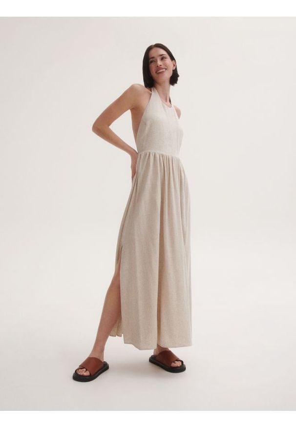 Reserved - Sukienka z wiskozą i lnem - kremowy. Kolor: kremowy. Materiał: len, wiskoza. Typ sukienki: proste
