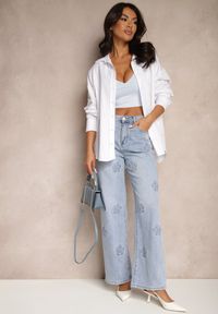 Renee - Niebieskie Szerokie Jeansy High Waist Zdobione Wzorem w Kwiaty Firedis. Okazja: na co dzień. Stan: podwyższony. Kolor: niebieski. Wzór: aplikacja, kwiaty. Sezon: lato, wiosna. Styl: casual, elegancki