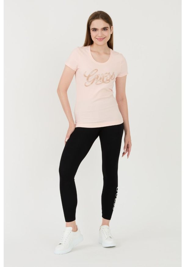 Guess - GUESS Różowy damski t-shirt Script, Rozmiar M. Kolor: różowy