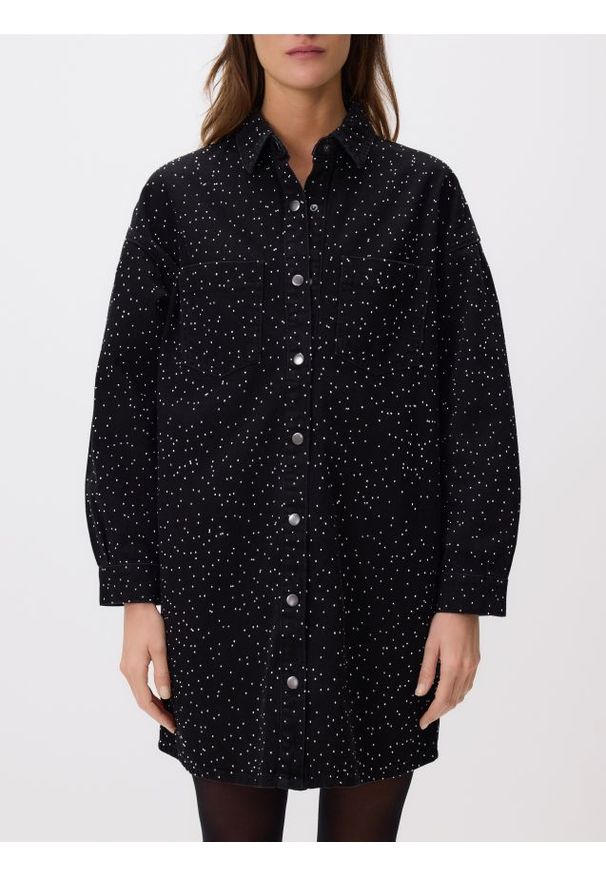 Reserved - Sukienka ze strasem - czarny. Kolor: czarny. Materiał: bawełna, tkanina