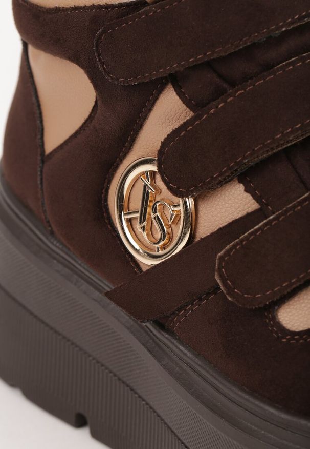 Renee - Beżowo-Brązowe Botki Sneakersy Vices na Platformie w Stylu Y2K Gelira. Okazja: na co dzień. Zapięcie: rzepy. Kolor: beżowy. Materiał: jeans. Wzór: aplikacja. Sezon: lato. Obcas: na platformie