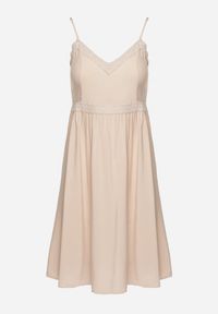 Born2be - Beżowa Sukienka z Wiskozy na Cienkich Ramiączkach z Regulacją Ozdobiona Lampasem i Haftem Nelrissa. Okazja: na imprezę. Typ kołnierza: dekolt w kształcie V. Kolor: beżowy. Materiał: wiskoza. Długość rękawa: na ramiączkach. Wzór: aplikacja, haft #6
