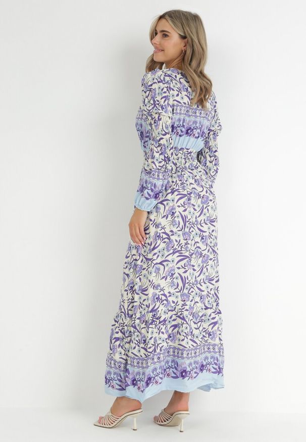 Born2be - Fioletowo-Beżowa Sukienka Boho z Wiskozy Lohine. Kolor: fioletowy. Materiał: wiskoza. Długość rękawa: długi rękaw. Wzór: aplikacja, kwiaty. Styl: boho. Długość: maxi
