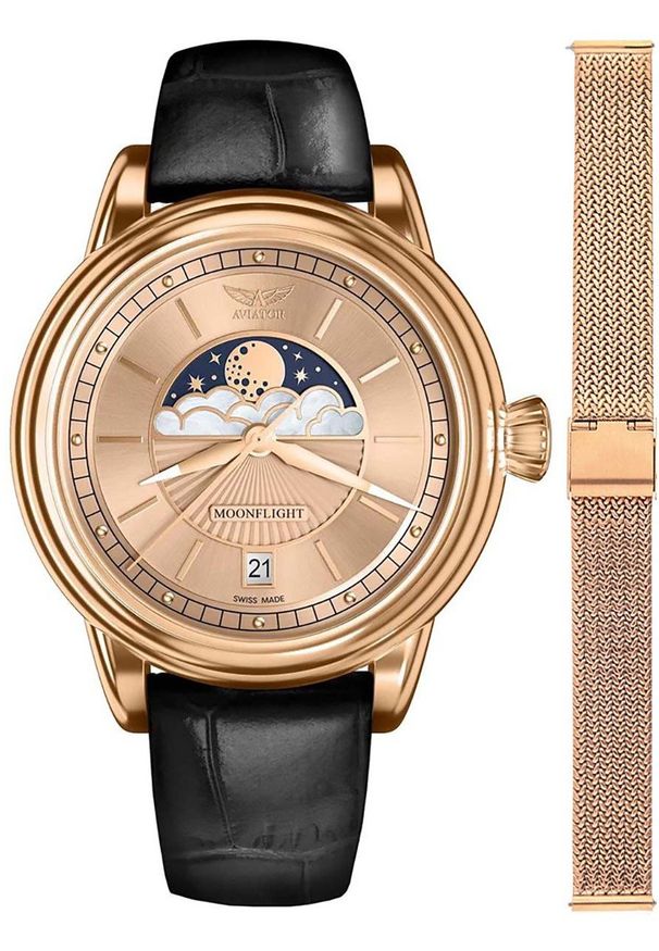 AVIATOR - Zegarek damski Aviator V.1.33.2.260.4BM-SET różowe złoto. Kolor: złoty, wielokolorowy, różowy