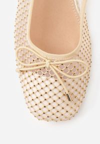 Born2be - Beżowe Siateczkowe Balerinki ze Skórzaną Wkładką Cyrkoniami i Kokardą Ravalana. Okazja: na co dzień, do pracy. Kolor: beżowy. Materiał: skóra. Wzór: aplikacja. Sezon: wiosna. Styl: casual, klasyczny, elegancki #2