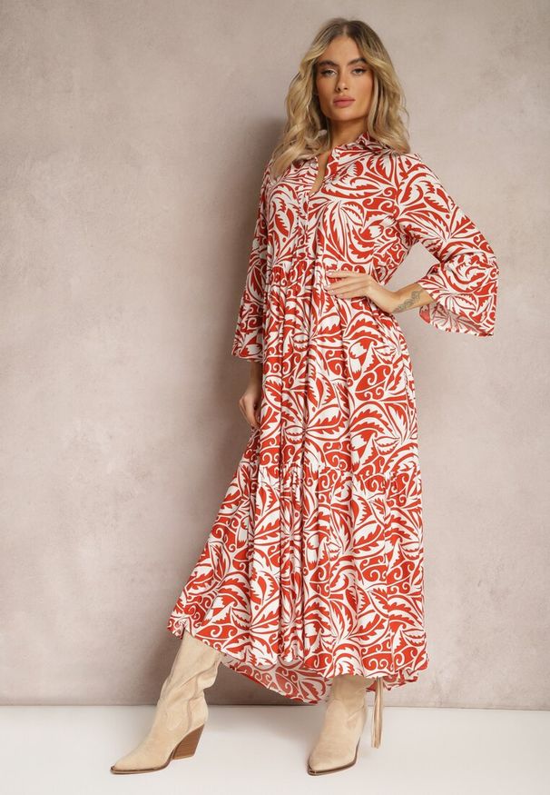 Renee - Pomarańczowo-Biała Sukienka Maxi z Falbanką z Guzikami i Orientalnym Wzorem Polka. Kolor: pomarańczowy. Długość rękawa: długi rękaw. Styl: elegancki. Długość: maxi