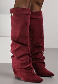 Renee - Bordowe Marszczone Kozaki na Słupkowym Obcasie z Wywiniętą Cholewką Runella. Okazja: na imprezę, na co dzień. Kolor: czerwony. Materiał: skóra, jeans. Szerokość cholewki: normalna. Obcas: na obcasie. Styl: elegancki, casual. Wysokość obcasa: średni #4