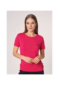 Ochnik - Różowy T-shirt damski z wilgą. Kolor: różowy. Materiał: wiskoza. Wzór: aplikacja #1