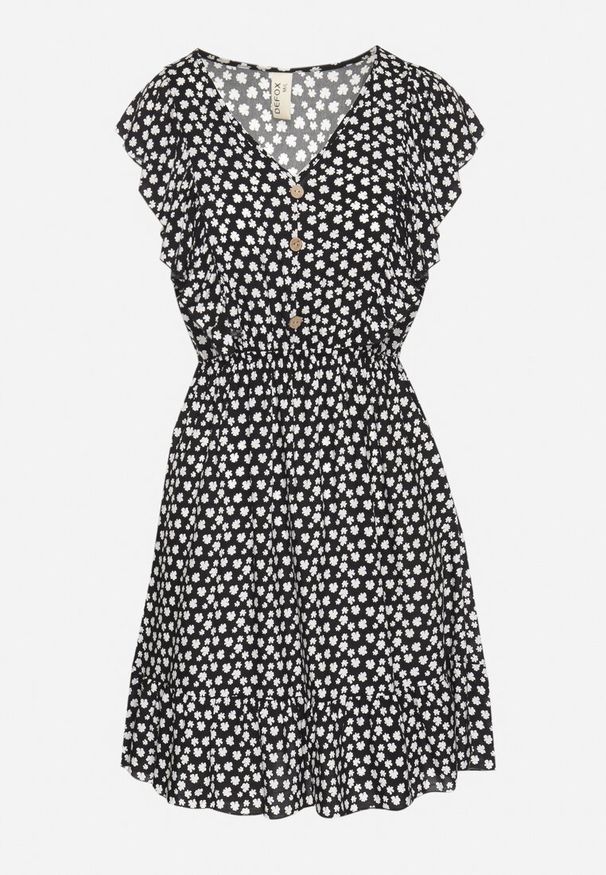 Born2be - Czarna Rozkloszowana Sukienka z Bawełny w Kwiaty z Guzikami Ronelle. Okazja: na co dzień, na randkę, na spacer. Kolor: czarny. Materiał: bawełna. Wzór: kwiaty. Typ sukienki: proste, rozkloszowane. Styl: elegancki, casual