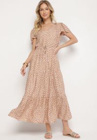 Born2be - Beżowa Sukienka z Bawełną i Geometrycznym Wzorem Lunavella. Okazja: na co dzień, na spacer. Kolor: beżowy. Materiał: bawełna. Wzór: geometria. Sezon: lato. Typ sukienki: proste. Styl: casual, elegancki #1