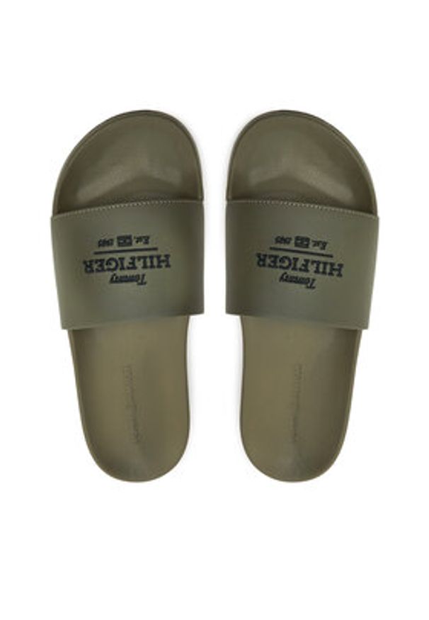 TOMMY HILFIGER - Tommy Hilfiger Klapki Embroid Hilfiger 85 Pool Slide FM0FM05342 Zielony. Kolor: zielony. Materiał: skóra