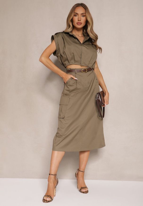 Renee - Ciemnozielony Komplet w Stylu Utility Koszula Cropped Bez Rękawów i Spódnica z Kieszeniami Notcha. Kolor: zielony
