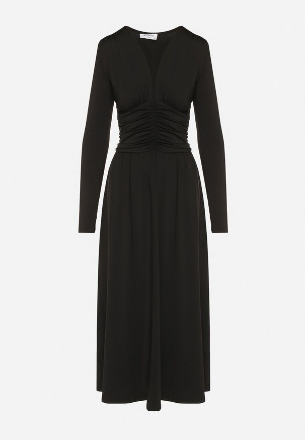 Born2be - Czarna Marszczona Sukienka Taliowana z Wiskozą z Dekoltem V i Długim Rękawem Emirie. Okazja: na spotkanie biznesowe, na co dzień. Typ kołnierza: dekolt w kształcie V. Kolor: czarny. Materiał: wiskoza. Długość rękawa: długi rękaw. Styl: biznesowy, casual